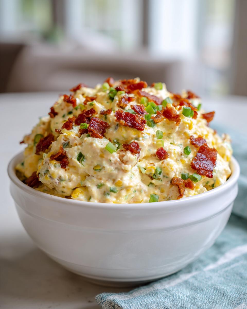 A white bowl filled with creamy million dollar dip, garnished generously with crispy bacon bits and chopped green onions.