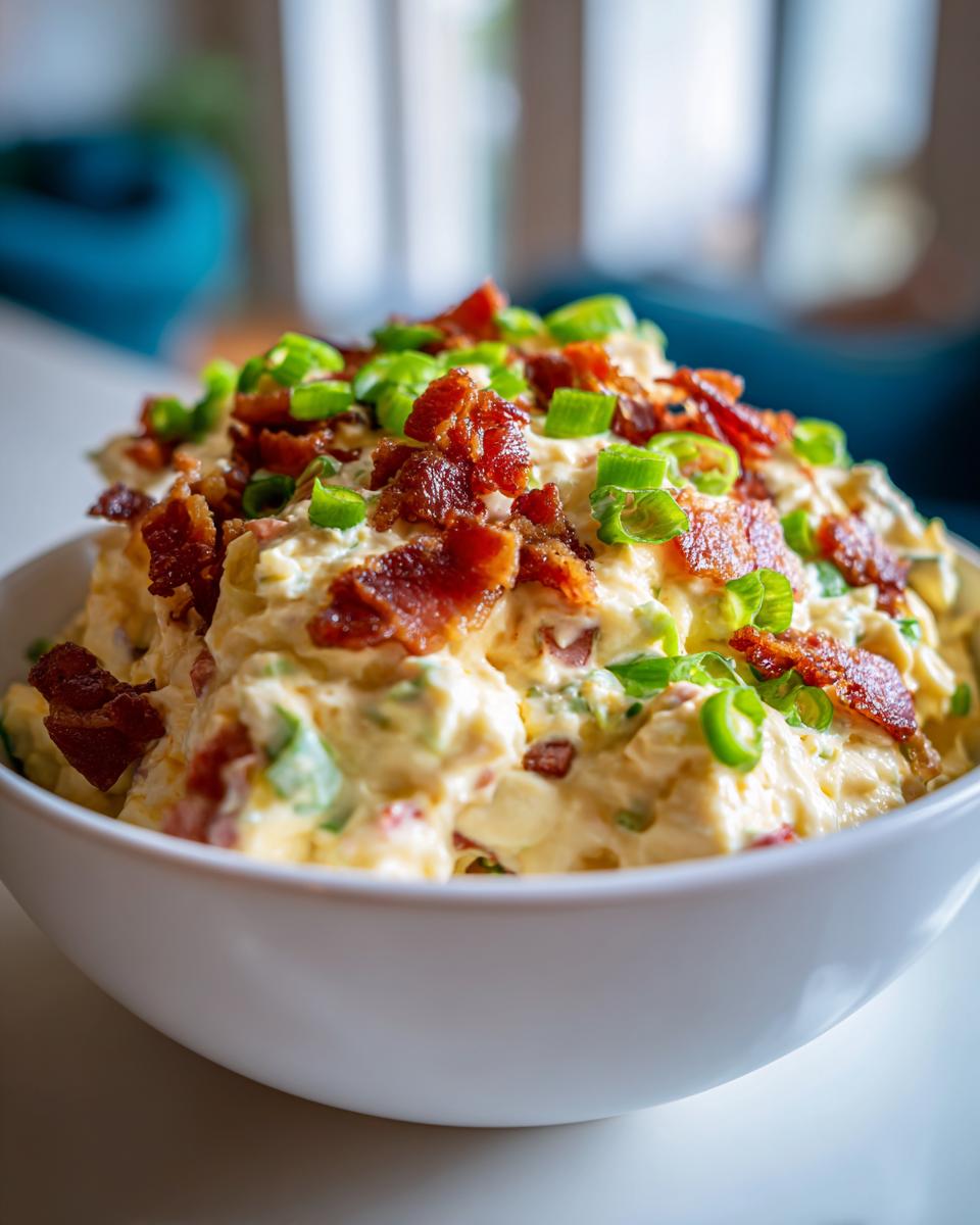 A close-up of a bowl filled with creamy million dollar dip, generously topped with crispy bacon bits and sliced green onions.