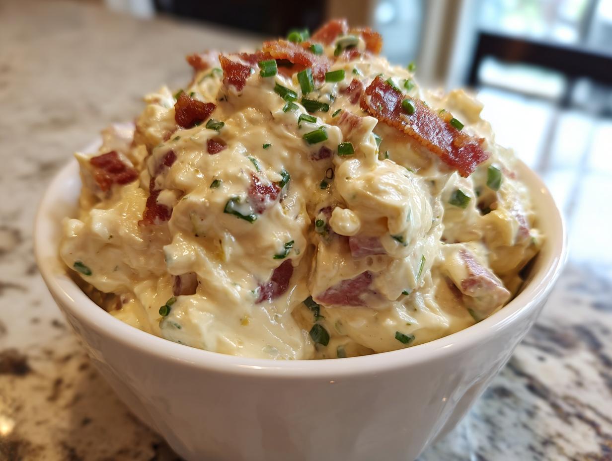 A close-up of rich, creamy million dollar dip served in a white bowl, topped generously with crumbled bacon and fresh green chives.