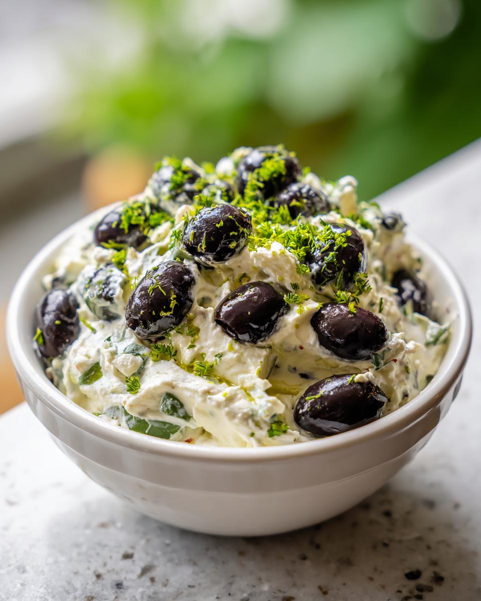 A white bowl filled with creamy olive dip, studded with whole black olives and garnished with fresh green herbs.
