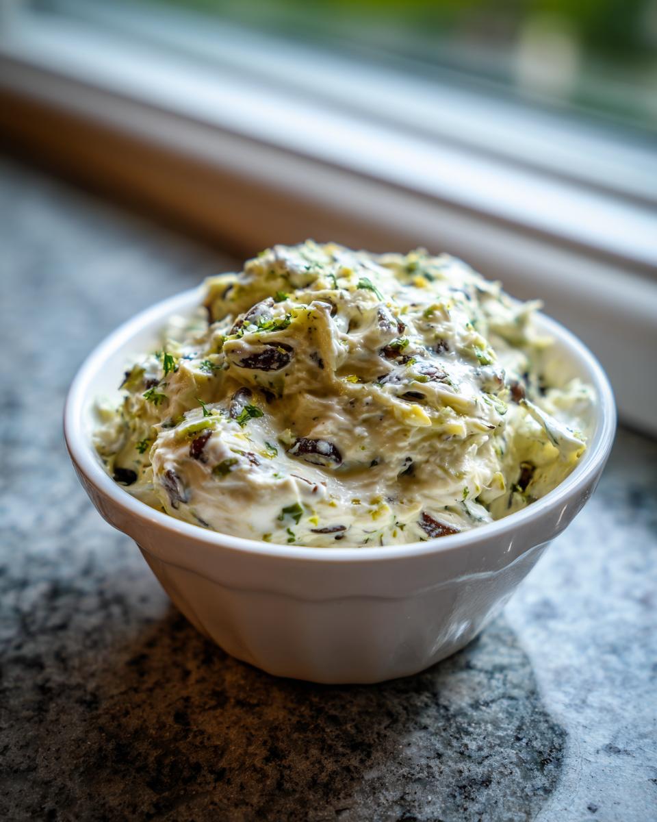 A close-up of a creamy, chunky olive dip mixed with herbs in a small white bowl.