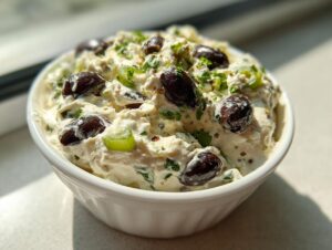 Close-up of a creamy, white olive dip topped with whole Kalamata olives, green herbs, and spices.