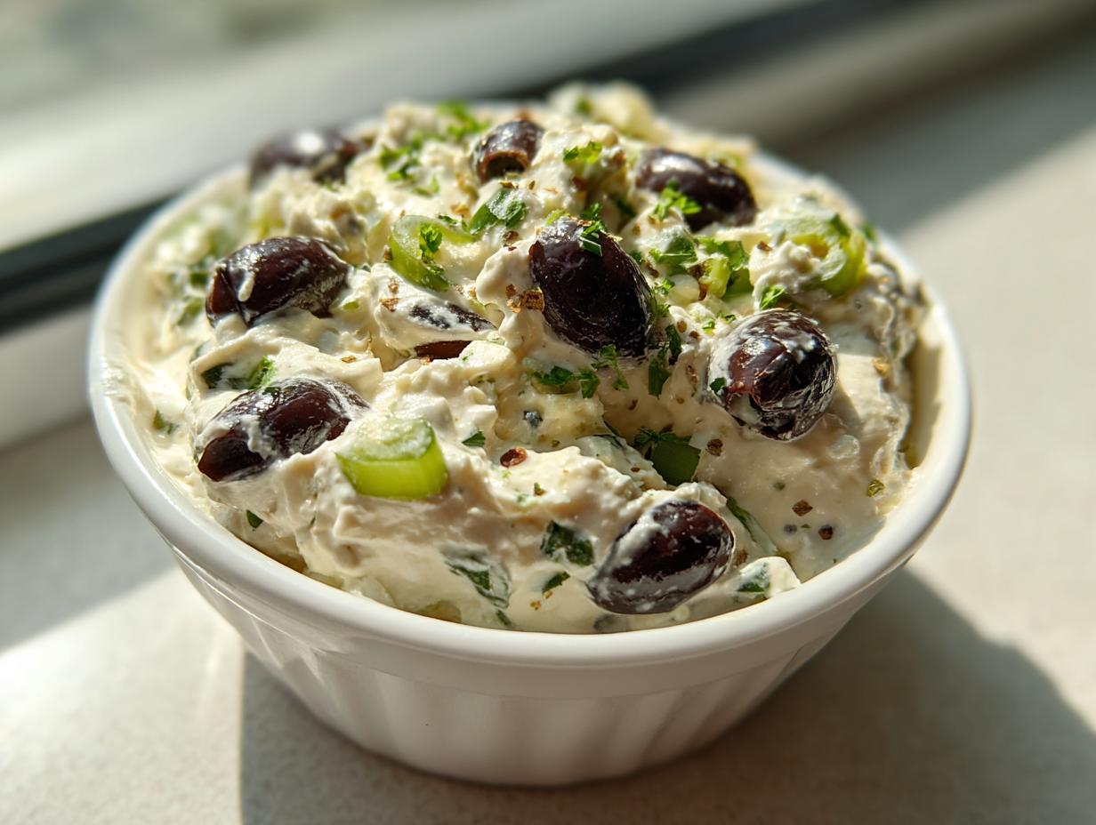 Close-up of a creamy, white olive dip topped with whole Kalamata olives, green herbs, and spices.