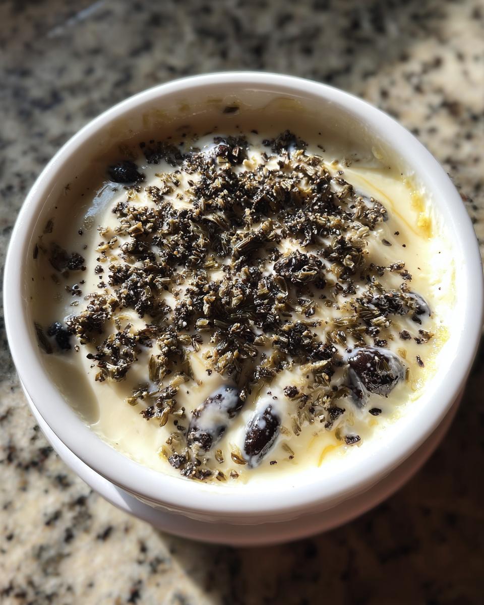 Overhead close-up of a creamy olive dip in a white bowl, topped with dark herbs and whole olives.