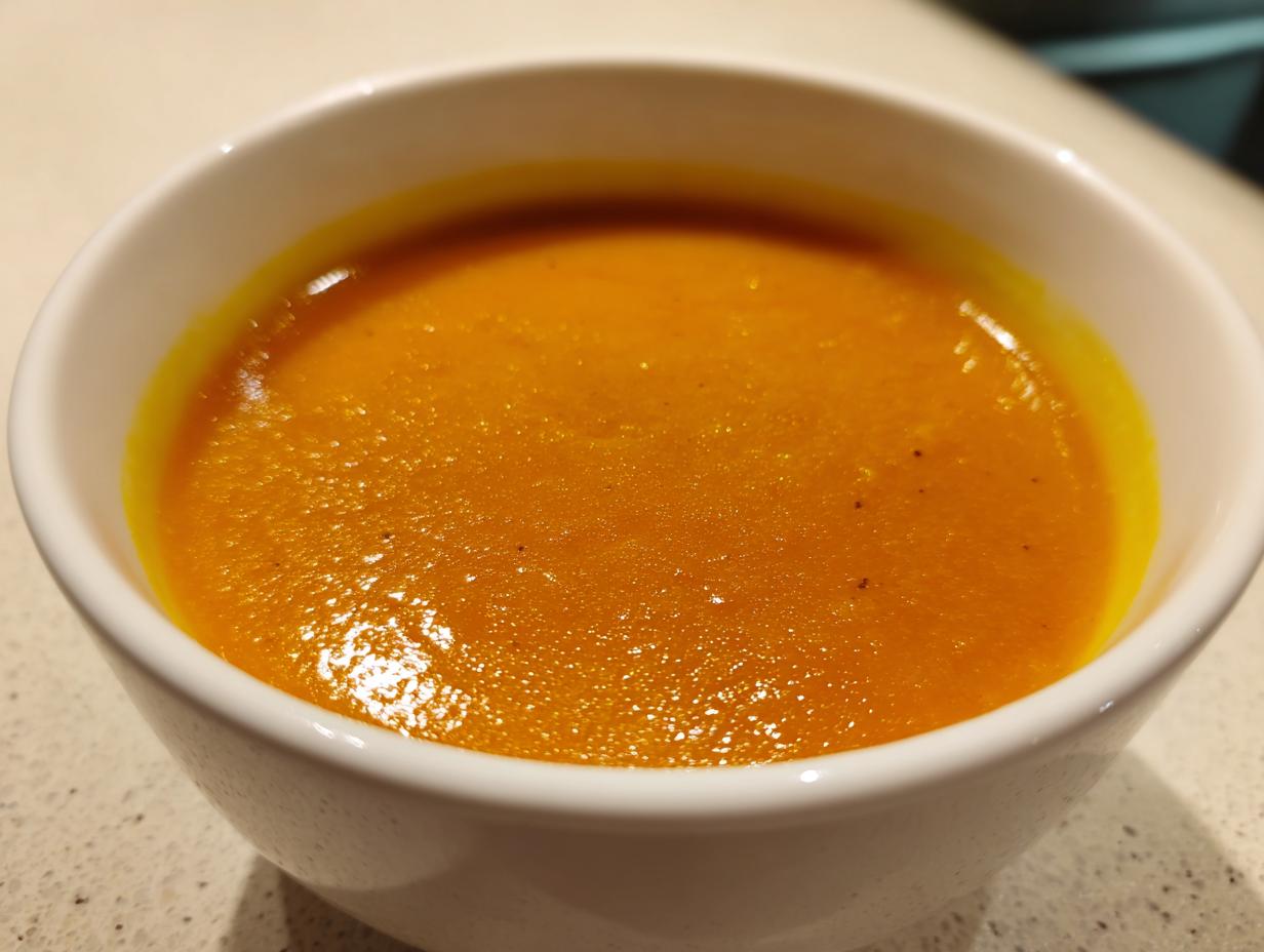 A close-up shot of a bowl filled with thick, vibrant orange squash soup, showing a smooth texture.