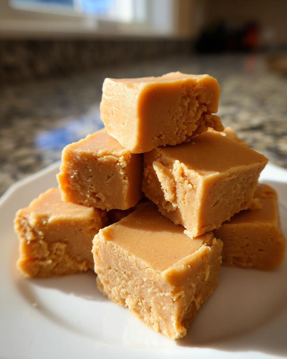 A stack of rich, creamy peanut butter fudge squares resting on a white plate, illuminated by natural light.