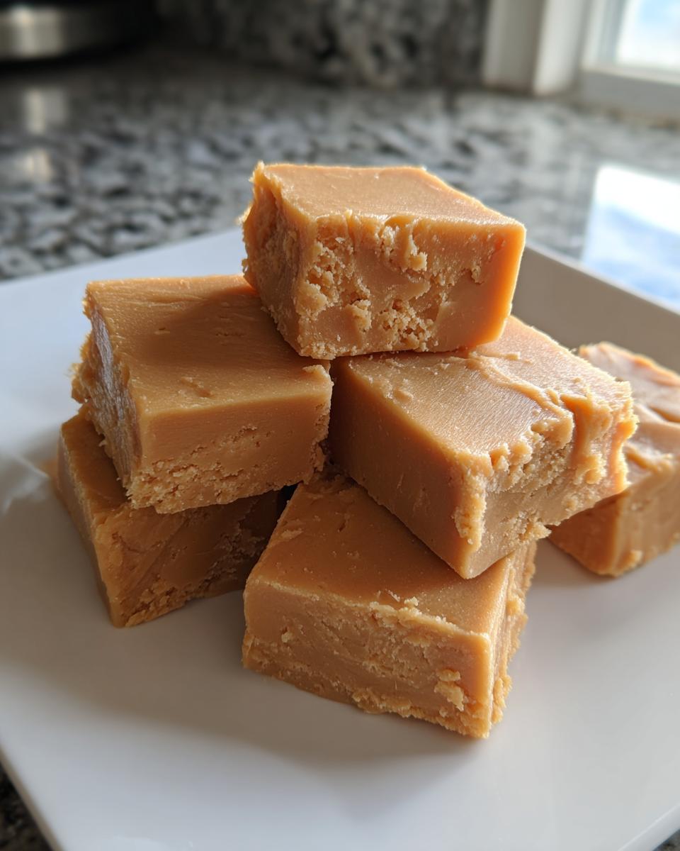 A stack of creamy, light brown peanut butter fudge squares piled on a white plate.