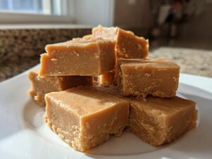 A close-up stack of homemade peanut butter fudge squares resting on a white plate.