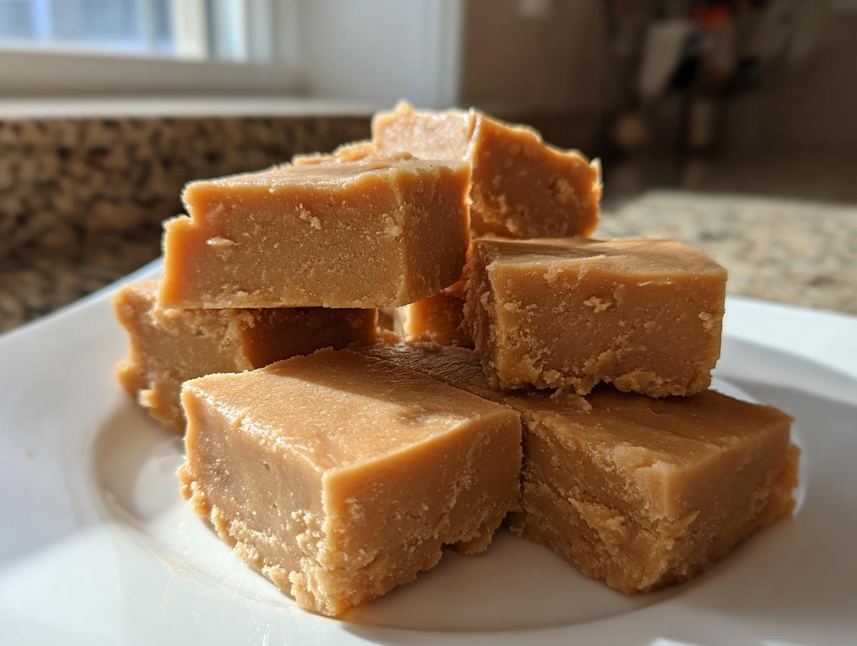 A close-up stack of homemade peanut butter fudge squares resting on a white plate.