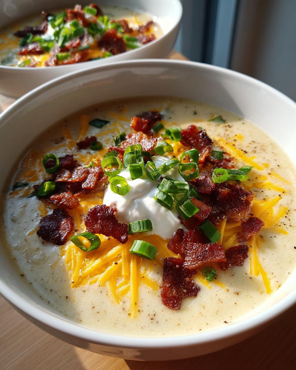 Close-up of a bowl of creamy potato soup recipe topped generously with shredded cheese, bacon bits, sour cream, and green onions.