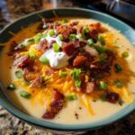Close-up of a rich potato soup recipe topped generously with shredded cheddar, bacon bits, sour cream, and green onions.