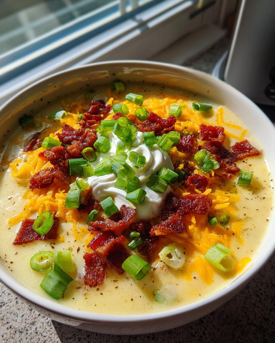 A close-up of a bowl of creamy potato soup recipe topped generously with shredded cheddar cheese, bacon bits, sour cream, and green onions.