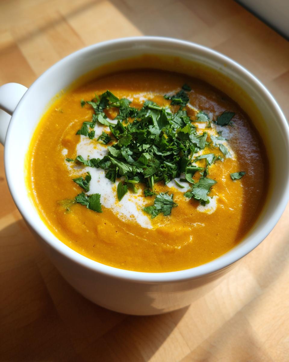A close-up view of a vibrant orange pumpkin curry soup topped with a swirl of cream and fresh cilantro.