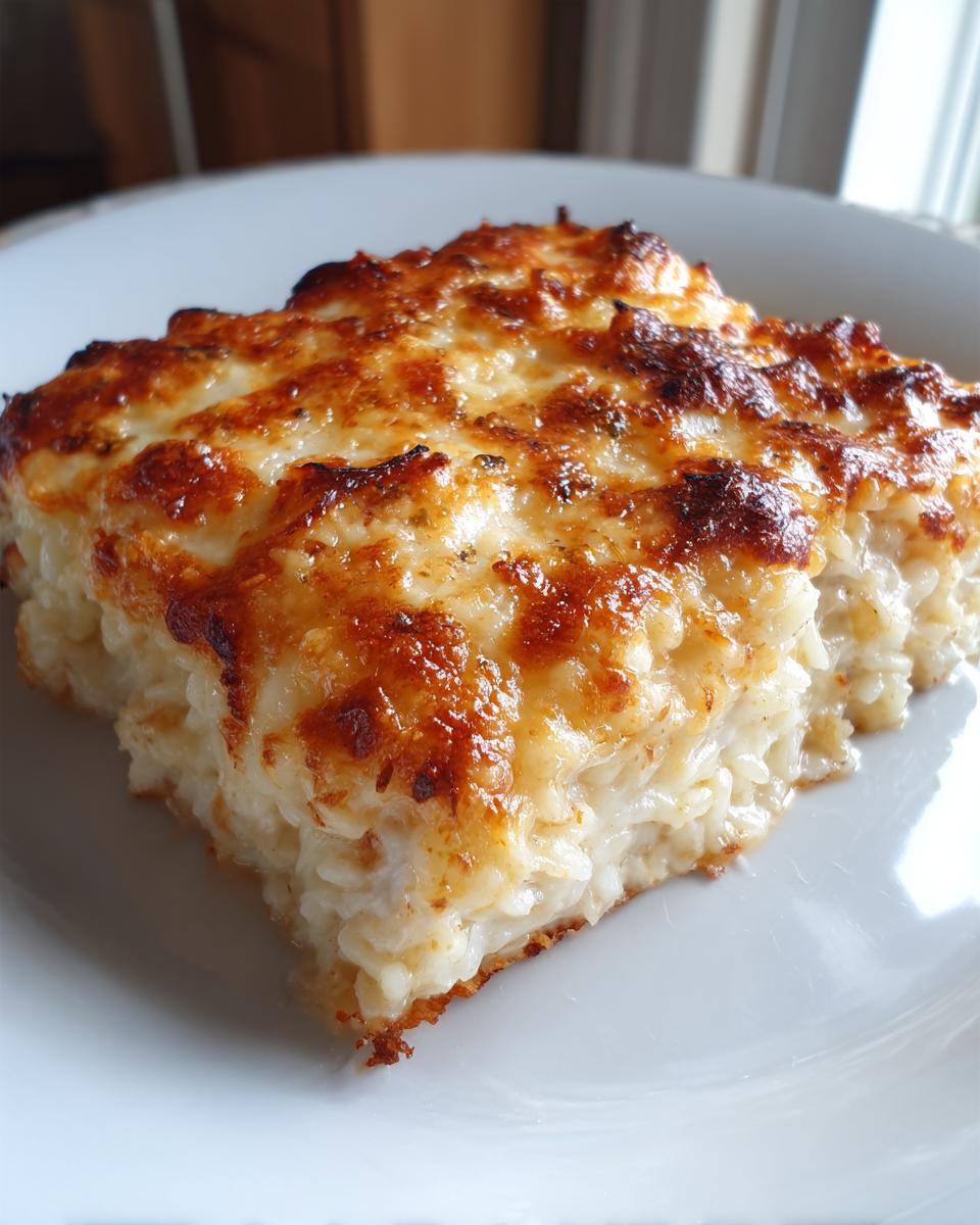 A close-up of a square slice of creamy rice casserole with a golden-brown, bubbly, and cheesy baked top.