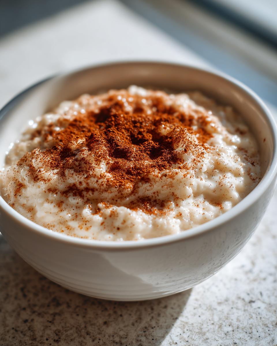 Close-up of a white bowl filled with creamy rice pudding recipe, generously dusted with cinnamon.