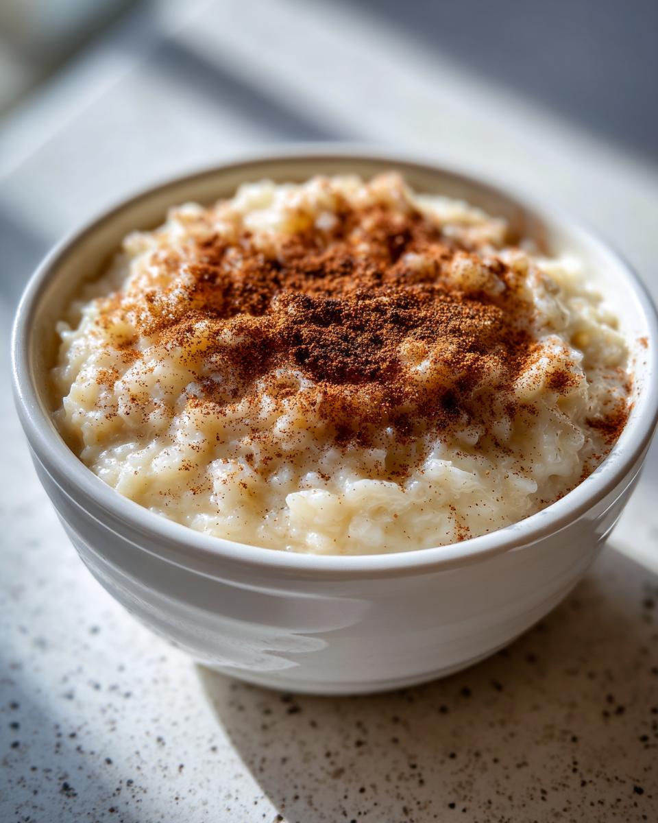 A close-up of a white bowl filled with creamy rice pudding recipe, generously dusted with cinnamon.