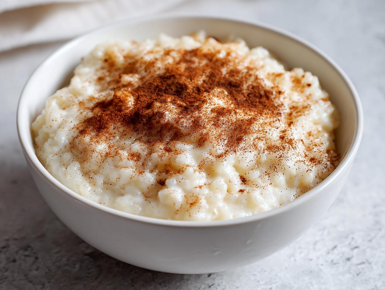 A close-up of a white bowl filled with creamy rice pudding recipe, generously dusted with ground cinnamon.