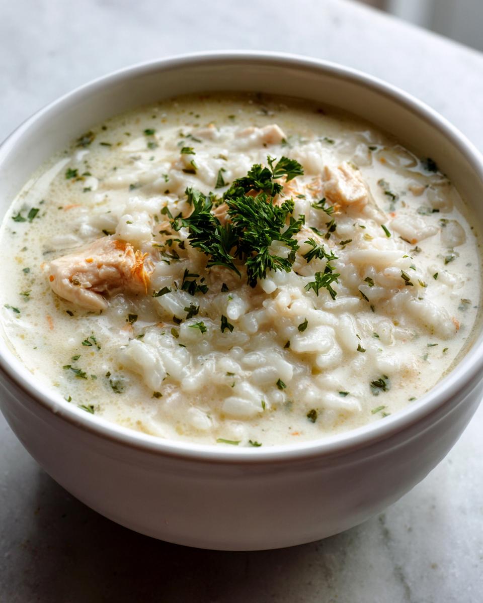 A close-up of a comforting bowl of creamy rice soup topped with shredded chicken and fresh parsley garnish.