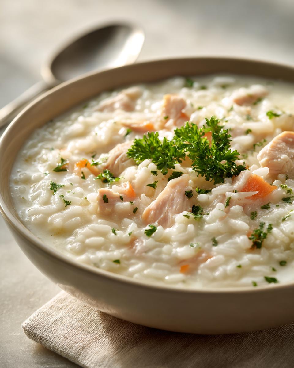 Close-up of a comforting bowl of creamy rice soup with chunks of chicken and fresh parsley garnish.
