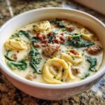 A close-up of a white bowl filled with creamy sausage tortellini soup, featuring spinach and grated cheese.