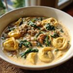 A close-up of a bowl of creamy sausage tortellini soup filled with pasta, crumbled sausage, and wilted spinach.