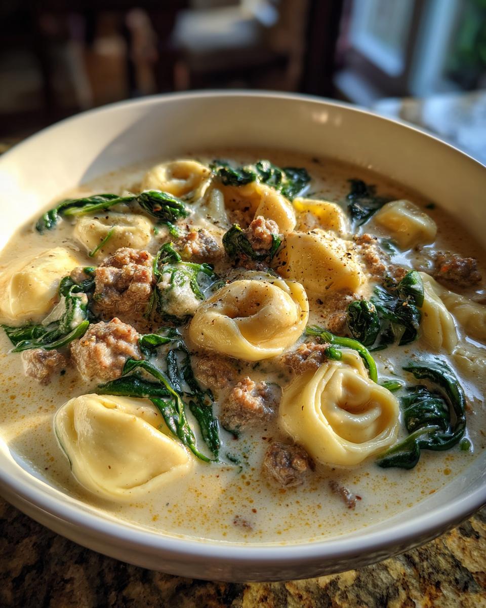 A close-up bowl filled with creamy sausage tortellini soup, featuring pasta, crumbled sausage, and wilted spinach.