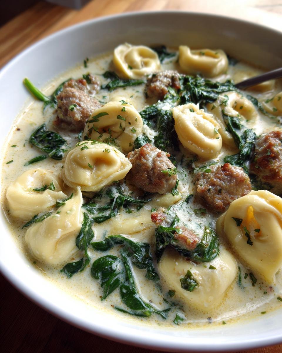 Close-up of a white bowl filled with creamy sausage tortellini soup, featuring tortellini, sausage chunks, and wilted spinach.