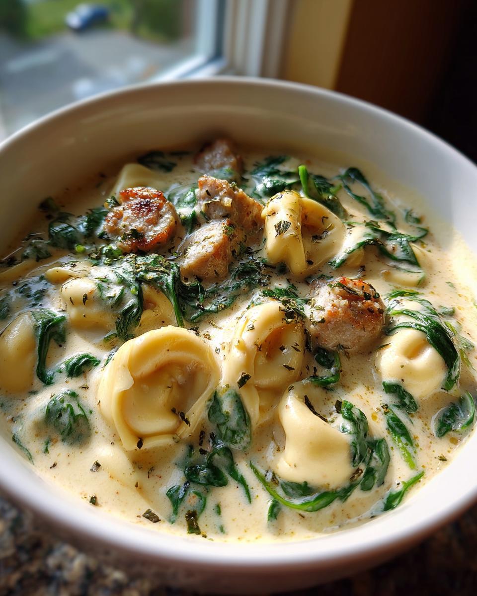 A close-up shot of a white bowl filled with creamy sausage tortellini soup, featuring tortellini, sausage chunks, and wilted spinach.