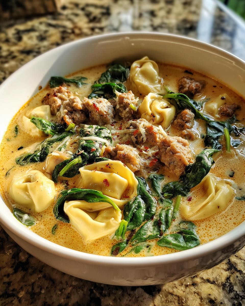 A close-up of a bowl of creamy sausage tortellini soup, featuring cheese tortellini, crumbled sausage, and wilted spinach.