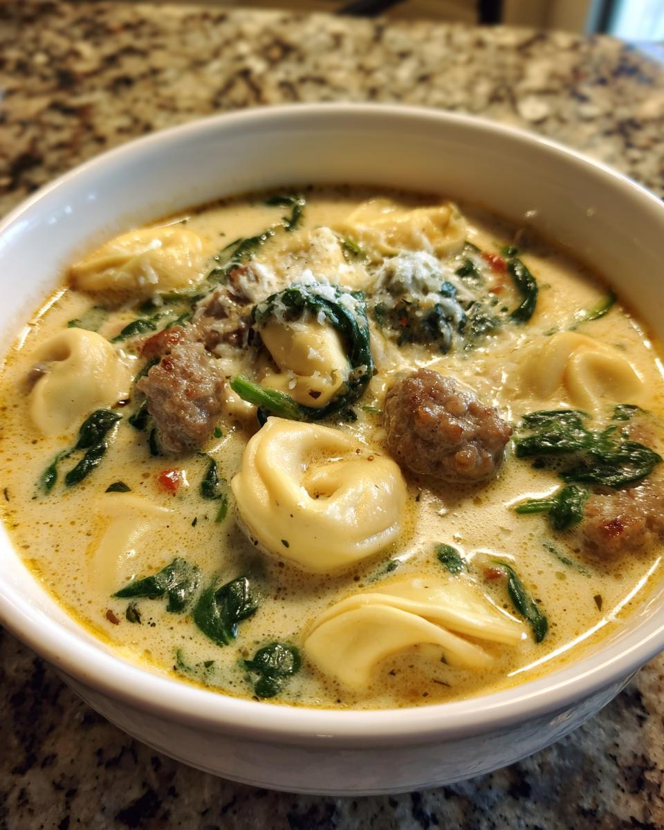Close-up of a creamy sausage tortellini soup featuring tortellini pasta, crumbled sausage, and spinach, topped with Parmesan cheese.