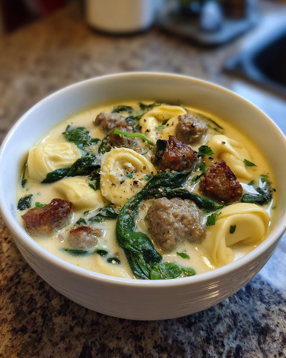 A close-up of a hearty bowl of sausage tortellini soup with spinach and a creamy broth.