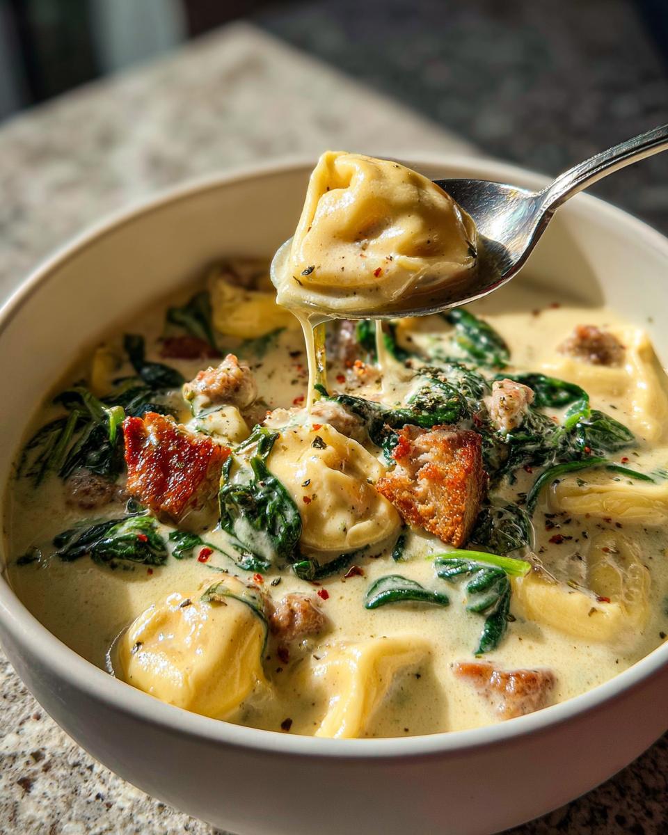 A spoonful of creamy sausage tortellini soup being lifted from a bowl, showing a dripping tortellini.