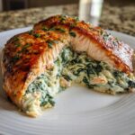 A perfectly cooked stuffed salmon cut in half, revealing creamy spinach filling inside this delicious stuffed salmon.