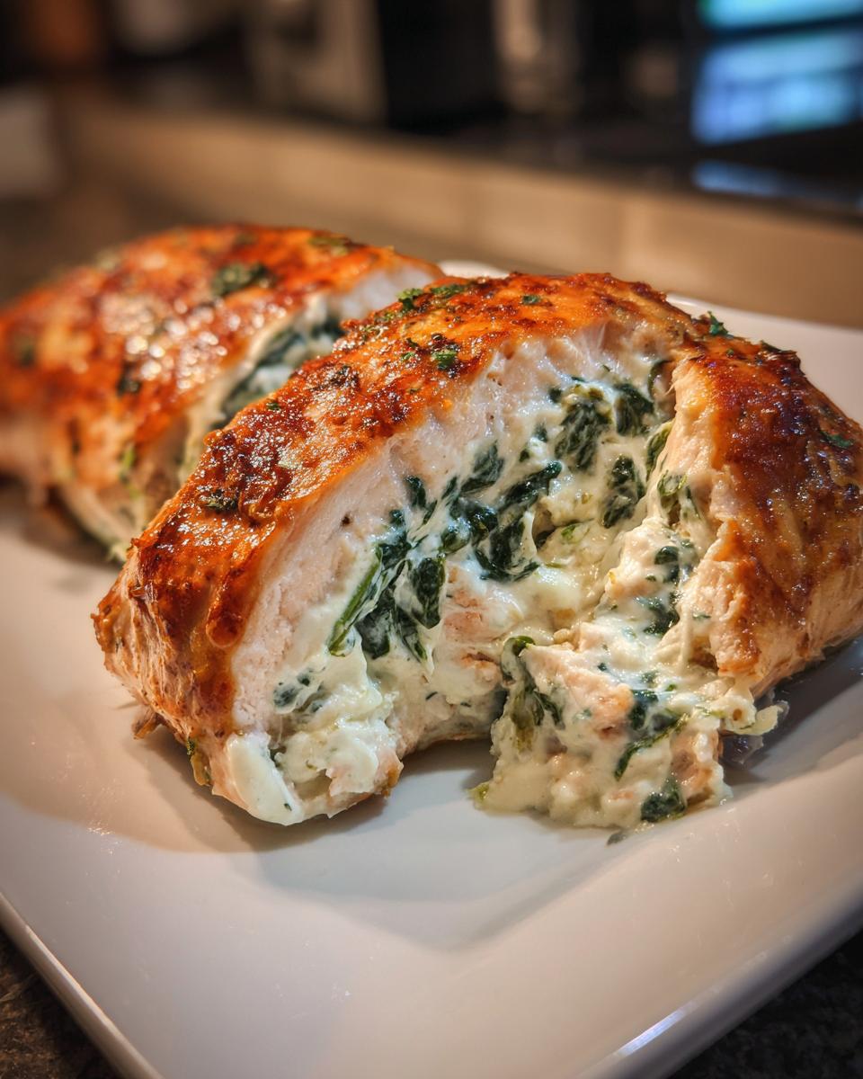 A cross-section of perfectly cooked stuffed salmon showing a creamy spinach filling oozing out.