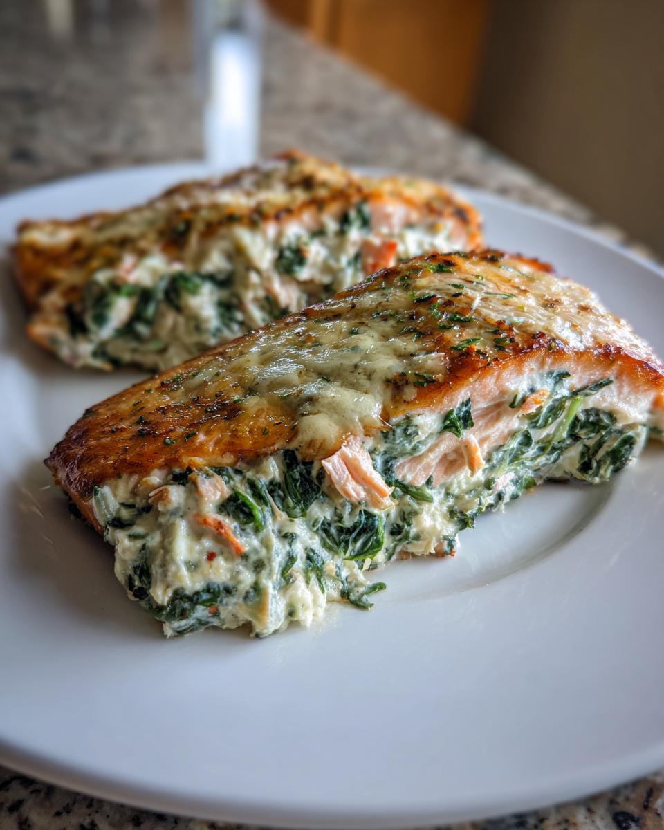 Two golden-brown fillets of stuffed salmon, showing a creamy spinach filling spilling out, served on a white plate.