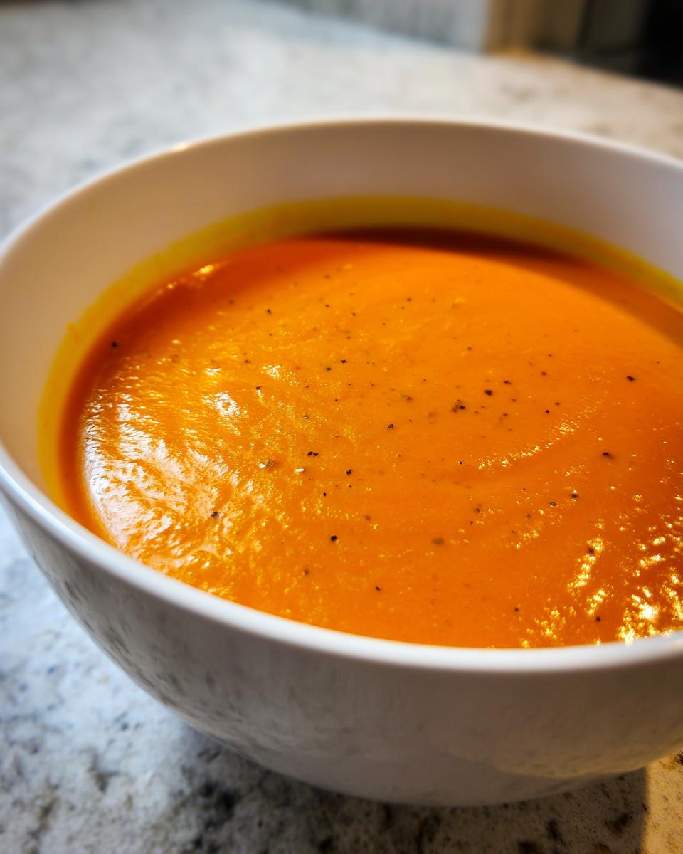 Close-up of a bowl filled with vibrant orange, creamy squash soup, lightly seasoned with black pepper.