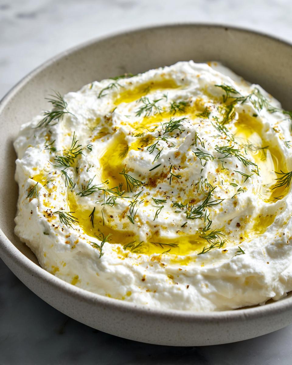 Close-up of creamy whipped feta dip topped with swirls of olive oil, fresh dill, and spices.
