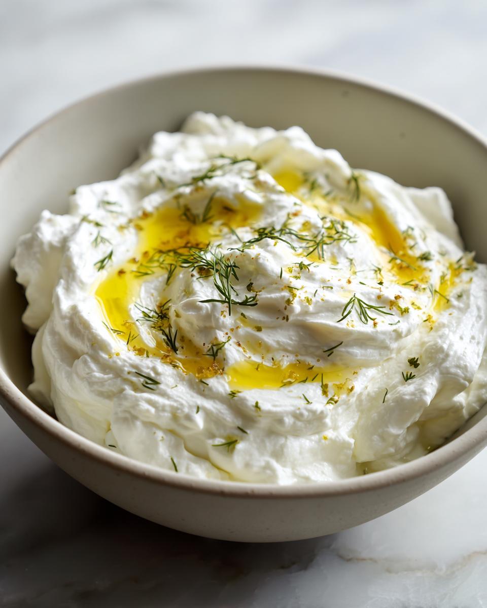 Close-up of creamy whipped feta dip drizzled with olive oil and fresh dill in a light-colored bowl.