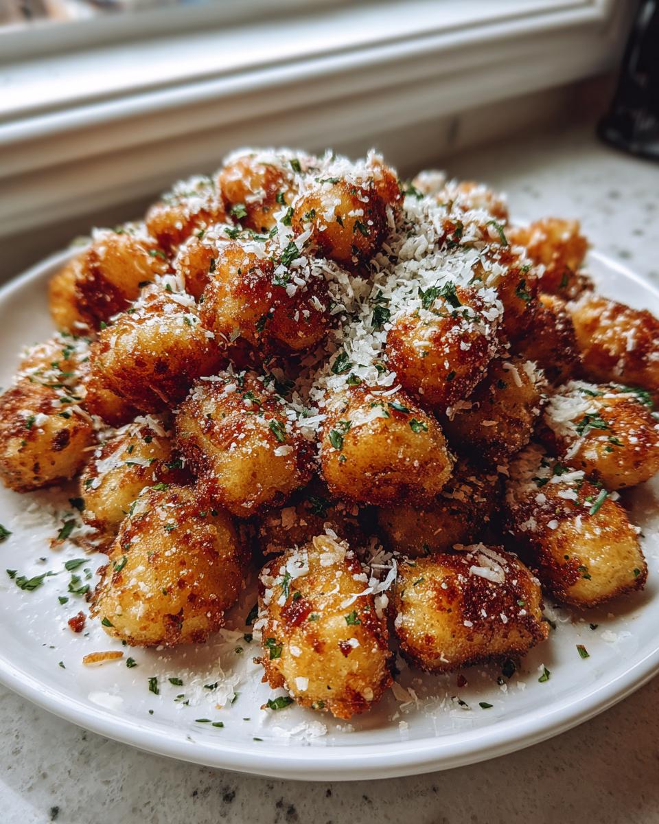 A mound of golden brown, crispy air fryer gnocchi topped generously with grated parmesan cheese and fresh parsley.