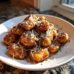 Golden brown, crispy air fryer gnocchi piled high and topped with grated Parmesan cheese and parsley.
