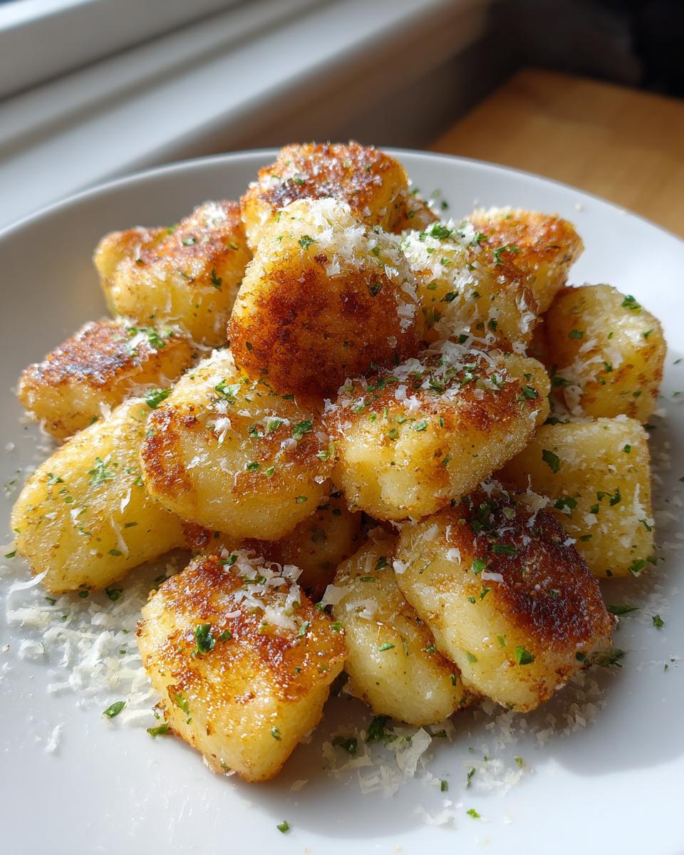 A pile of golden brown, crispy air fryer gnocchi dusted with grated Parmesan cheese and parsley.