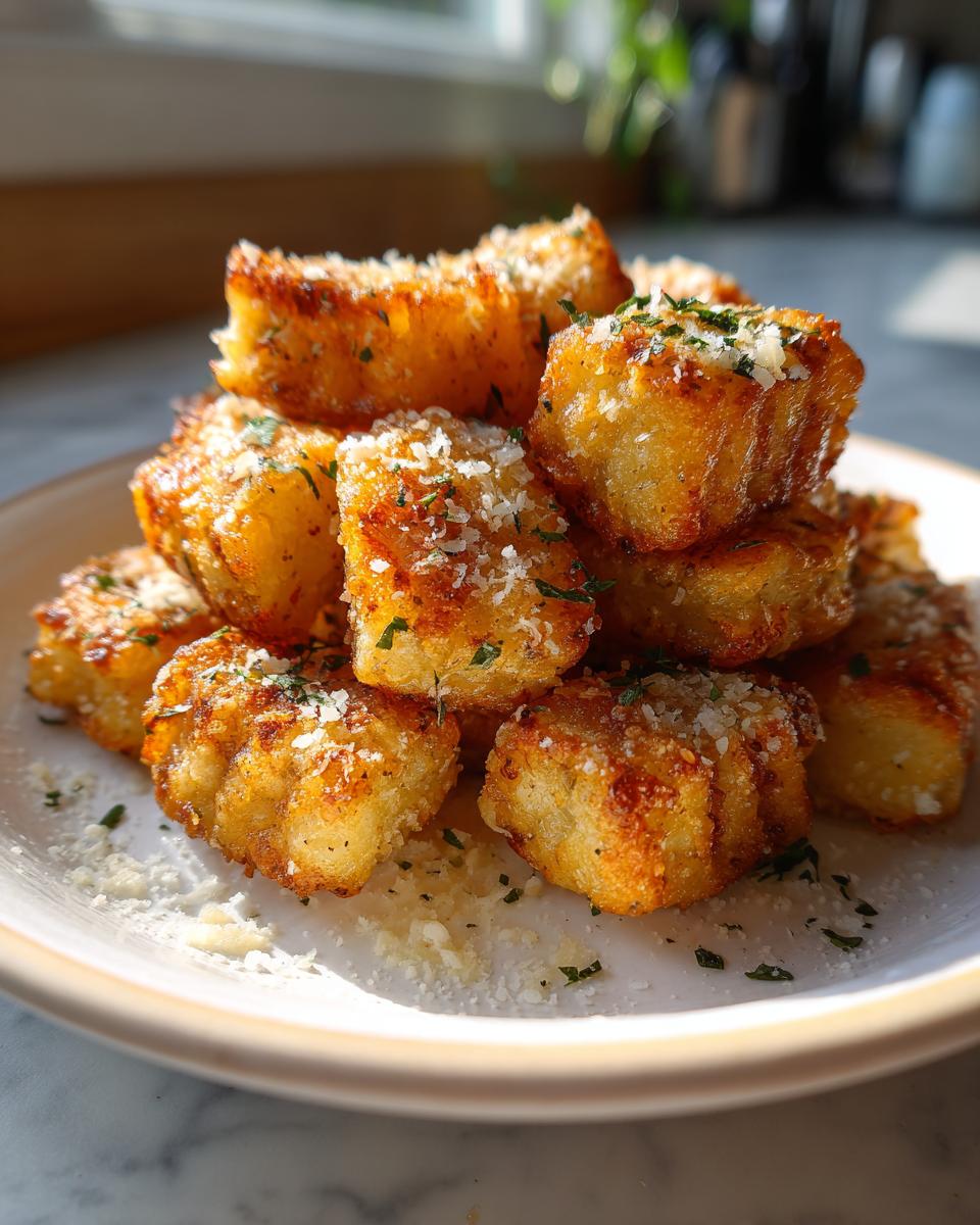 A close-up of crispy, golden brown air fryer gnocchi piled high and topped with grated Parmesan cheese and parsley.