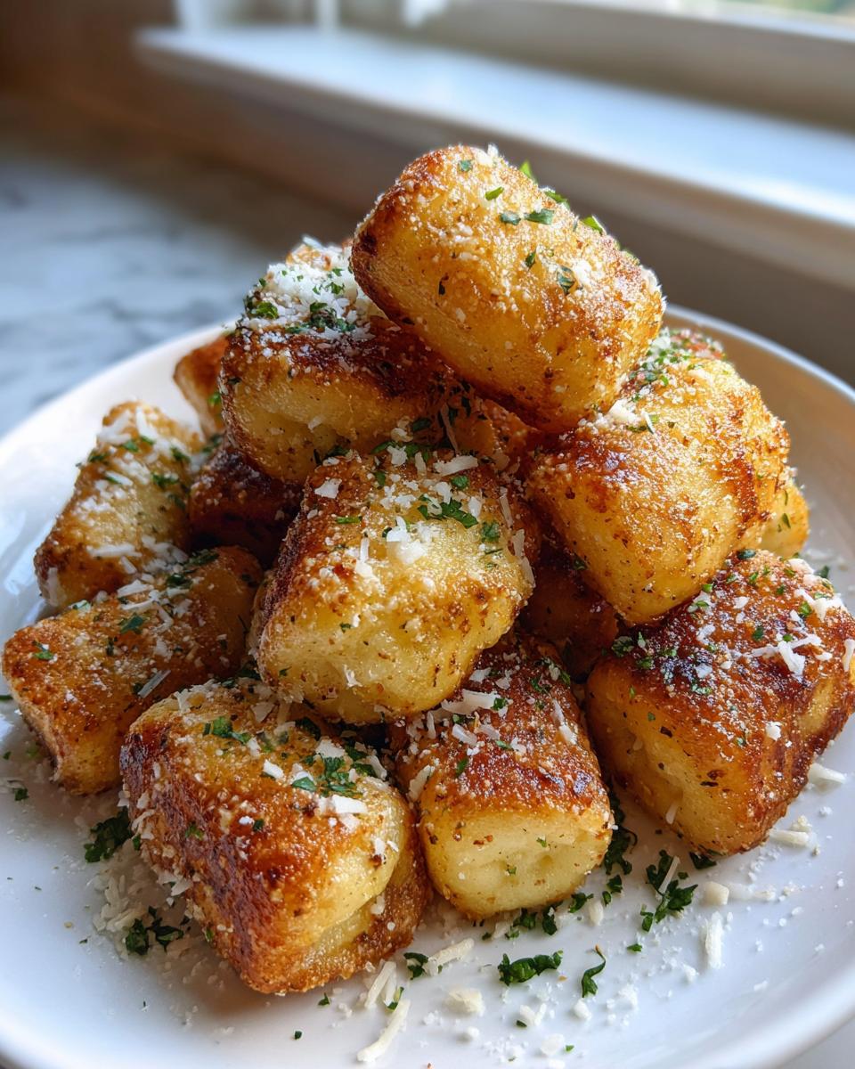 A pile of golden brown, crispy air fryer gnocchi topped with grated Parmesan cheese and fresh parsley.