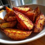 A close-up of perfectly crispy, golden-brown air fryer potato wedges seasoned with paprika, served in a light grey bowl.