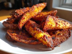 Close-up of a pile of golden brown, crispy air fryer potato wedges seasoned with paprika.