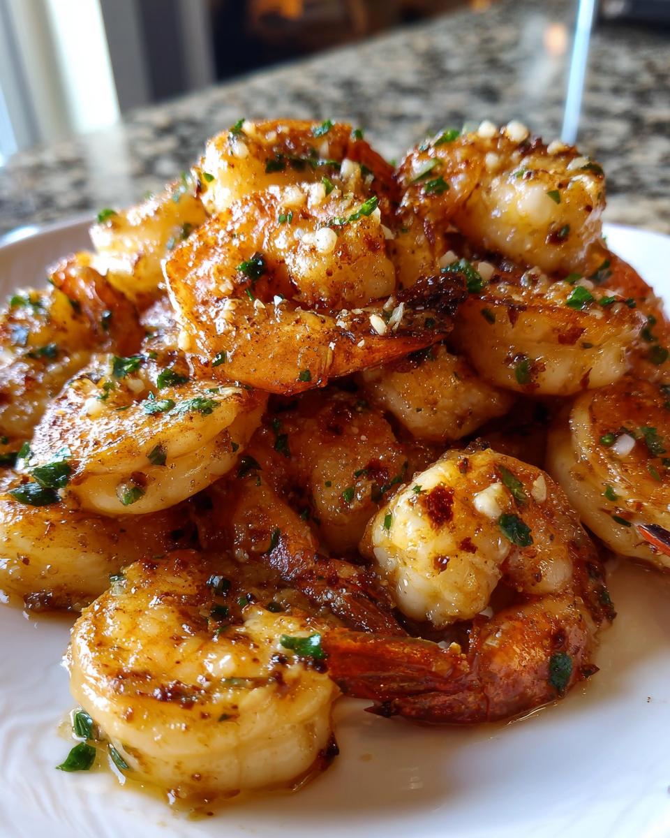 A close-up of perfectly cooked, crispy air fryer shrimp piled high and glistening with garlic butter and parsley.