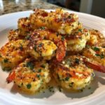 A pile of golden, crispy air fryer shrimp coated in garlic butter and fresh parsley on a white plate.