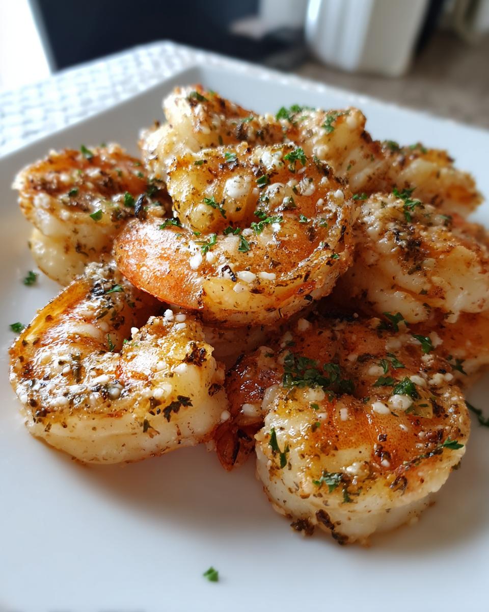 Close-up of perfectly cooked, crispy air fryer shrimp seasoned with garlic, herbs, and spices on a white plate.