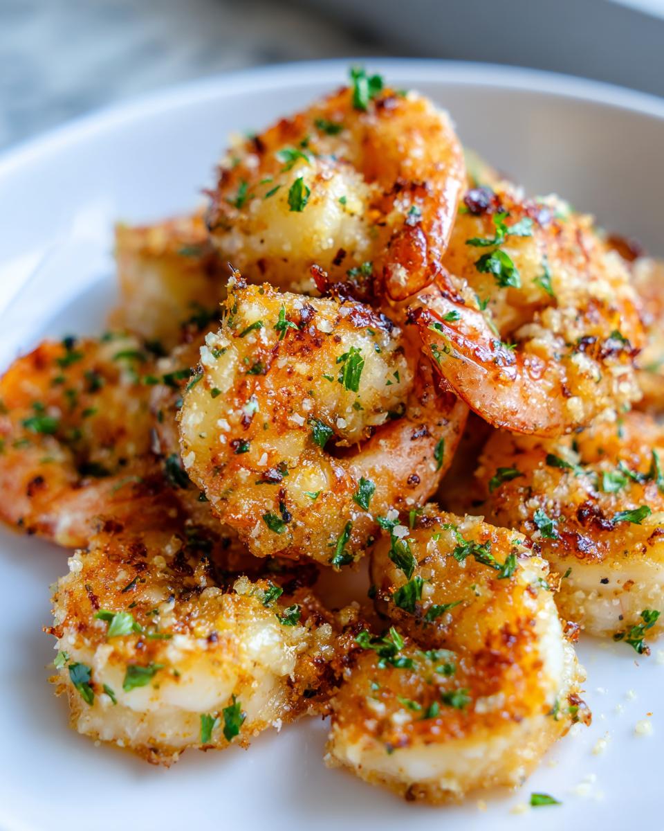 Close-up of golden, crispy air fryer shrimp coated in breading and fresh parsley.
