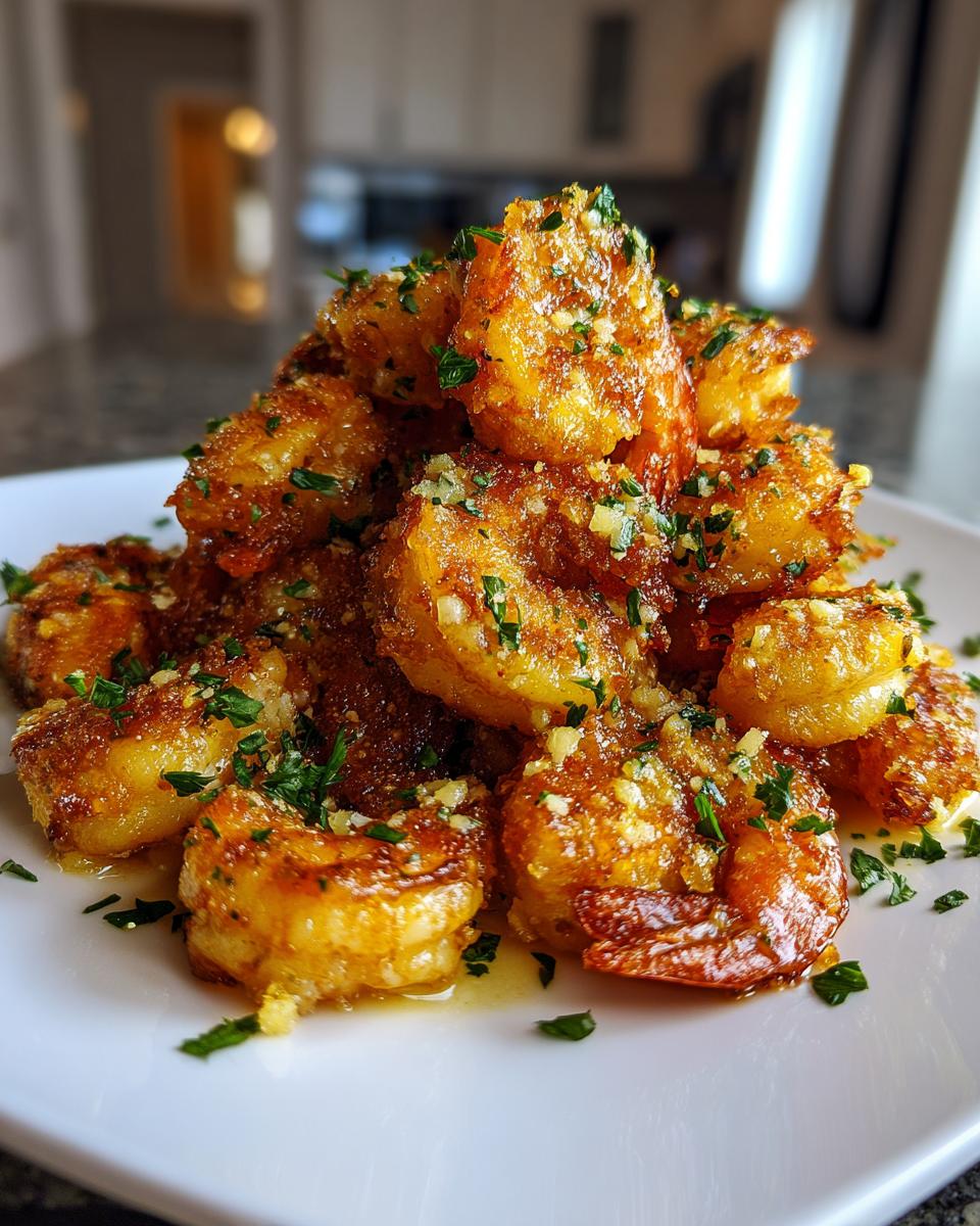 A close-up pile of crispy, golden brown air fryer shrimp seasoned with minced garlic and fresh parsley.